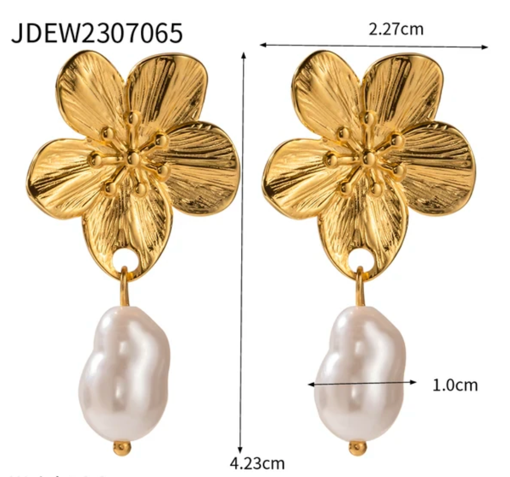 18 Karat Gold Plated flower with pearl pendant earrings