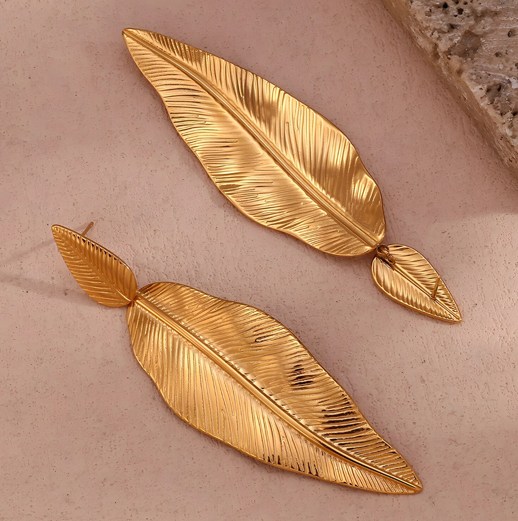 18 Karat Gold Plated Tropical Long Leaf Earrings