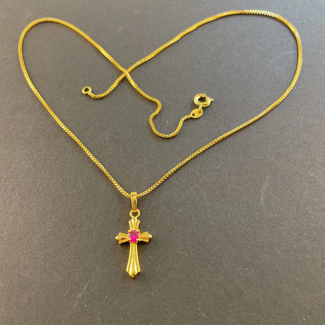 18 Karat Gold Plated necklace with cross and pink rhinestone