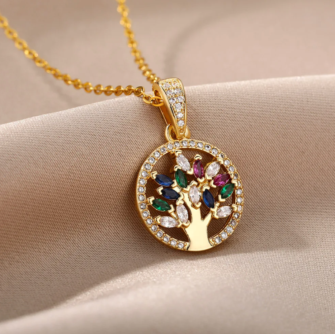 18 Karat Gold Plated Tree of Life Necklace with coloured zirconia stones