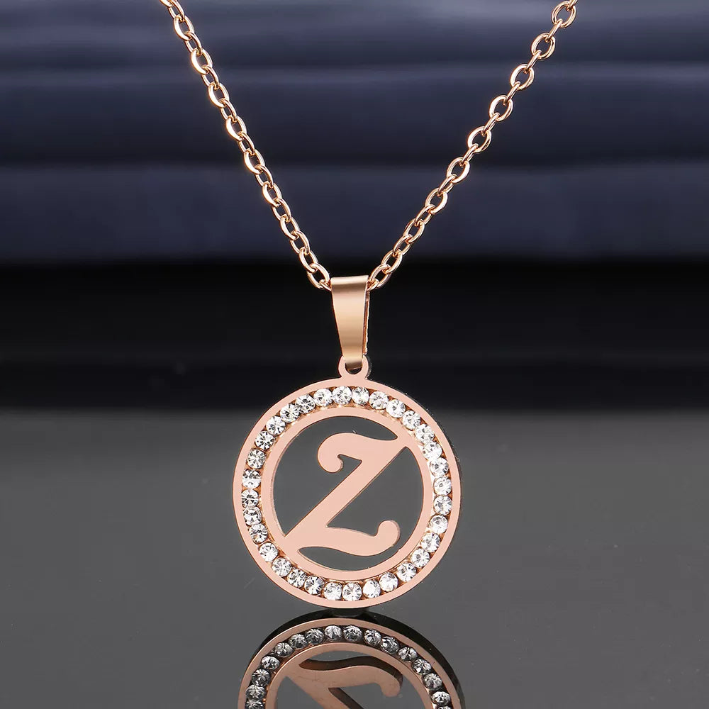 18K Gold/Rose Plated and 925 Silver Crystal Rhinestone Initials Letter Shiny Necklaces