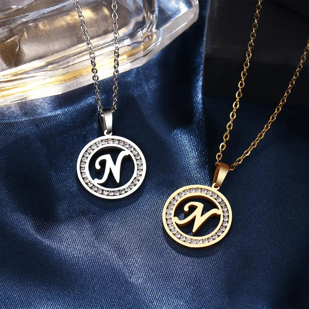 18K Gold/Rose Plated and 925 Silver Crystal Rhinestone Initials Letter Shiny Necklaces