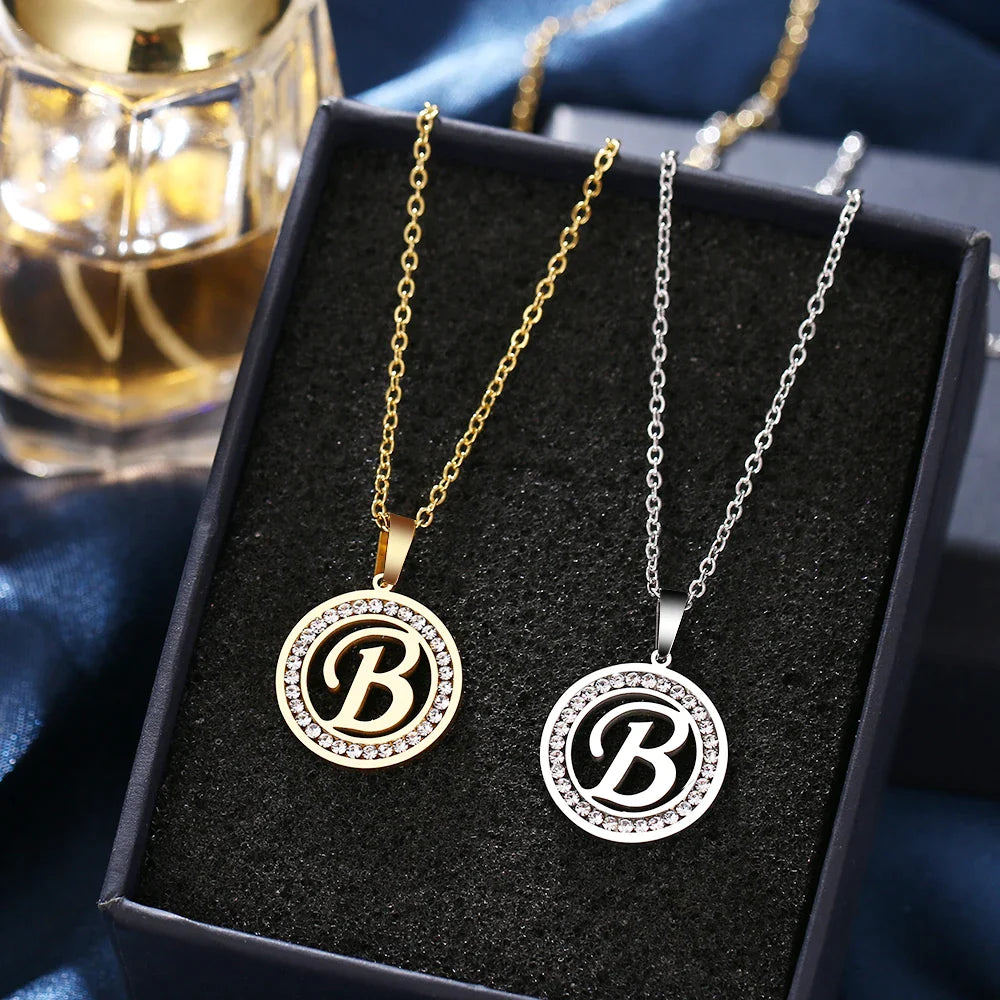 18K Gold/Rose Plated and 925 Silver Crystal Rhinestone Initials Letter Shiny Necklaces