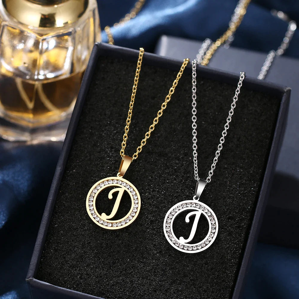 18K Gold/Rose Plated and 925 Silver Crystal Rhinestone Initials Letter Shiny Necklaces