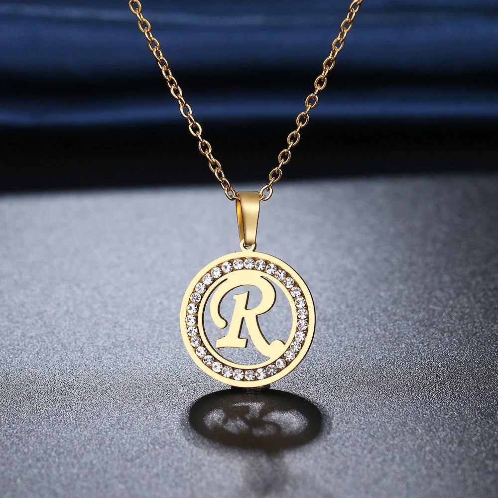 18K Gold/Rose Plated and 925 Silver Crystal Rhinestone Initials Letter Shiny Necklaces