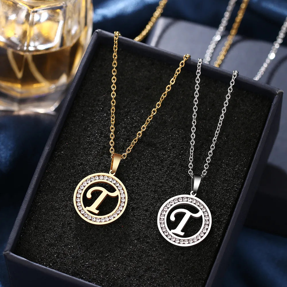 18K Gold/Rose Plated and 925 Silver Crystal Rhinestone Initials Letter Shiny Necklaces