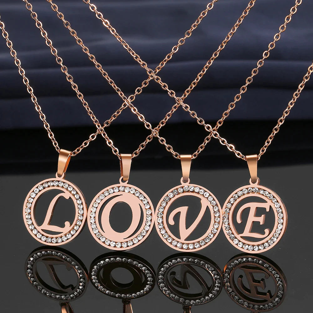 18K Gold/Rose Plated and 925 Silver Crystal Rhinestone Initials Letter Shiny Necklaces