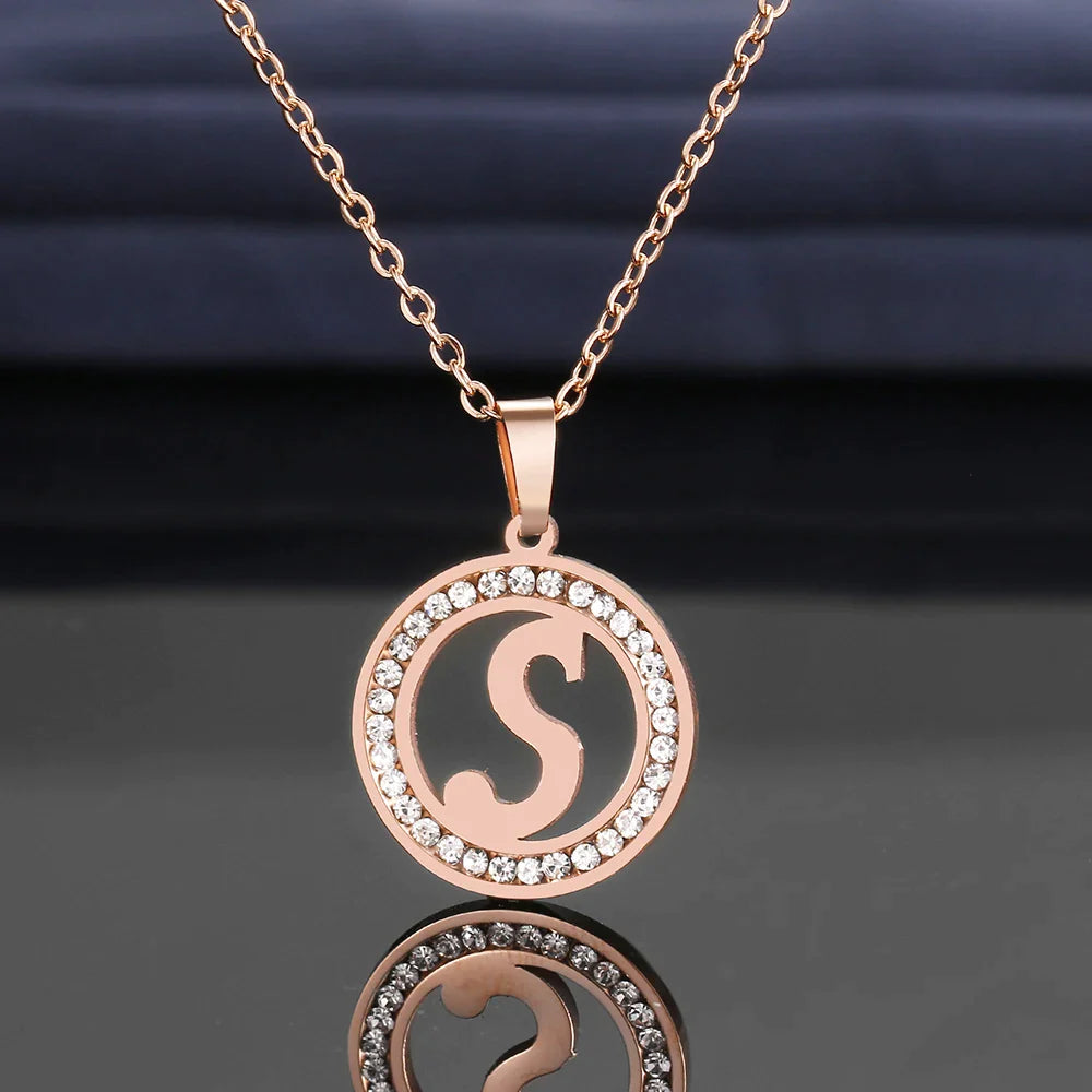 18K Gold/Rose Plated and 925 Silver Crystal Rhinestone Initials Letter Shiny Necklaces