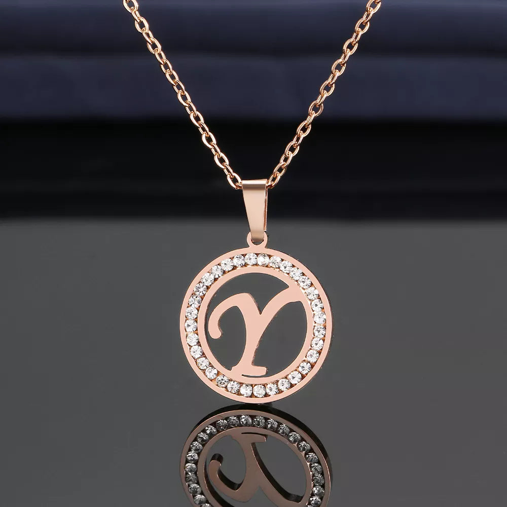 18K Gold/Rose Plated and 925 Silver Crystal Rhinestone Initials Letter Shiny Necklaces