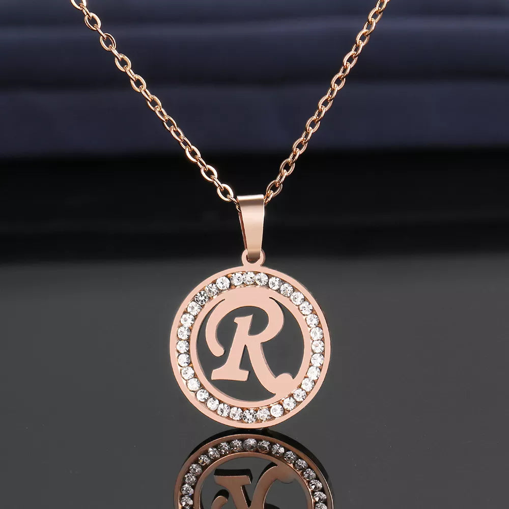 18K Gold/Rose Plated and 925 Silver Crystal Rhinestone Initials Letter Shiny Necklaces