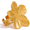 Adjustable 18K Gold Plated 5 petal flower shaped ring with gold embossing