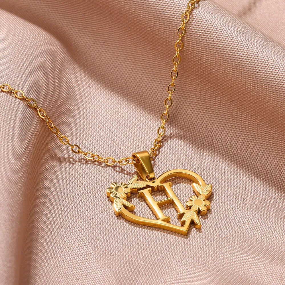 18K Gold Plated Love and Flowers Initial Letter Necklace