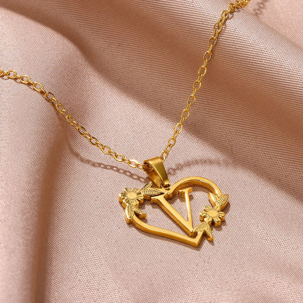 18K Gold Plated Love and Flowers Initial Letter Necklace