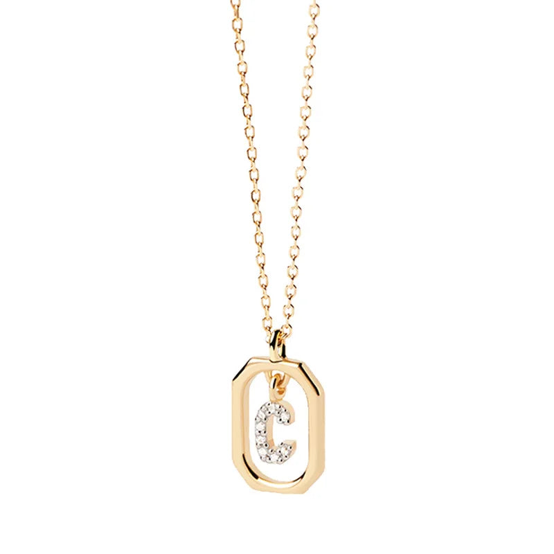 18K Gold Plated Fine Initial Necklace with rectangular precious rhinestones