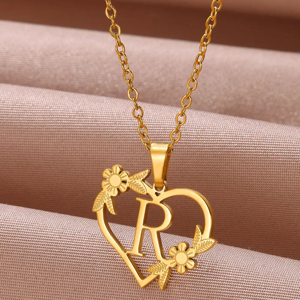 18K Gold Plated Love and Flowers Initial Letter Necklace