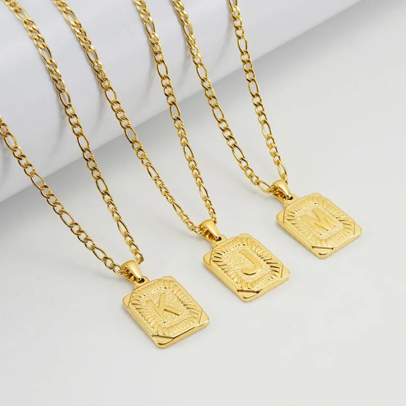 18K Gold Plated Rectangular Medallion Initial Necklace