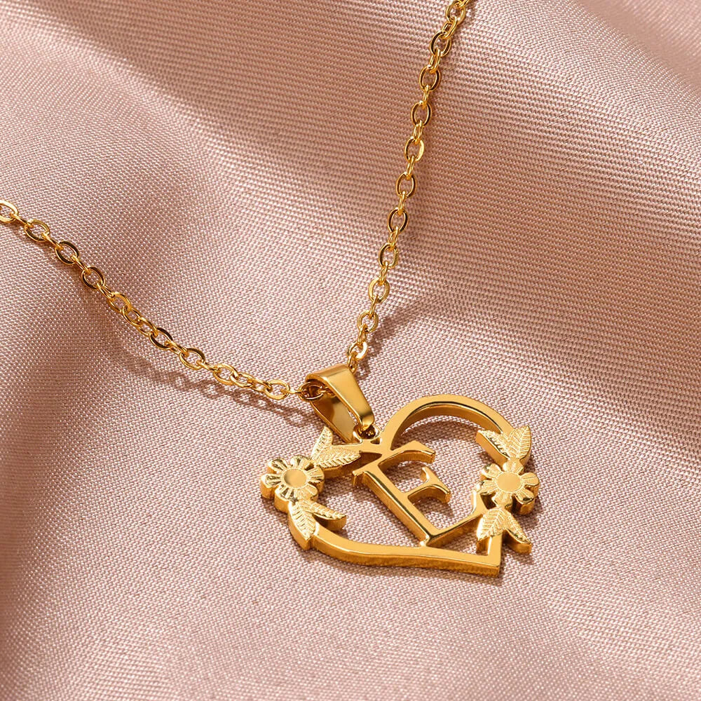 18K Gold Plated Love and Flowers Initial Letter Necklace