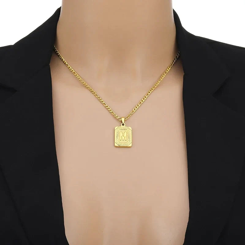 18K Gold Plated Rectangular Medallion Initial Necklace