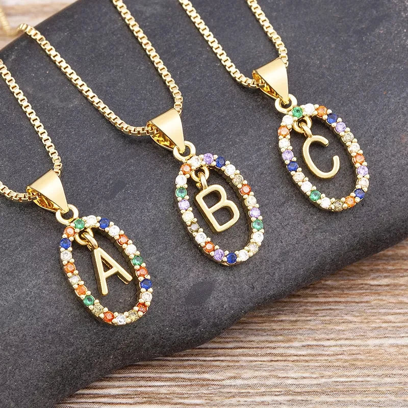 Initial Letter Necklace with Coloured Stones in 18K Gold Plating