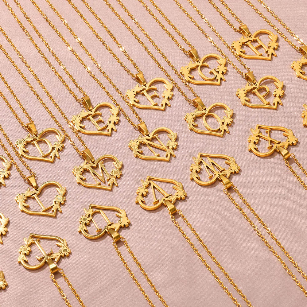 18K Gold Plated Love and Flowers Initial Letter Necklace