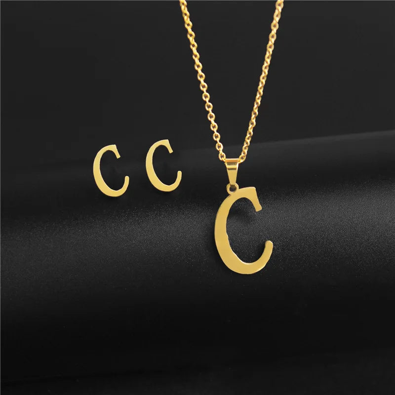 18K Gold Plated Classic Initial Letter Necklace + earrings