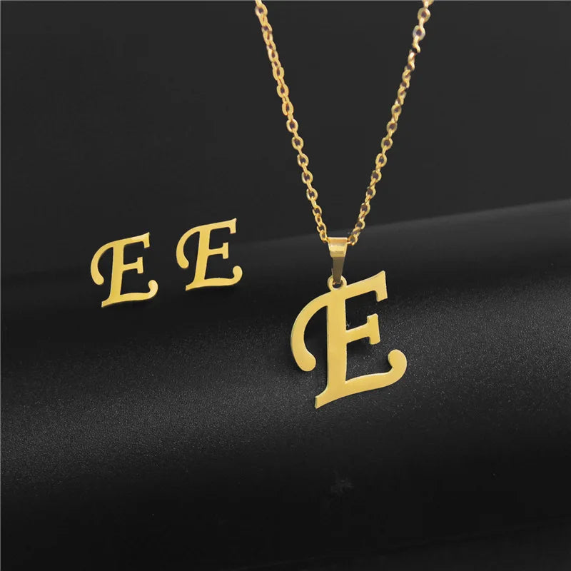 18K Gold Plated Classic Initial Letter Necklace + earrings