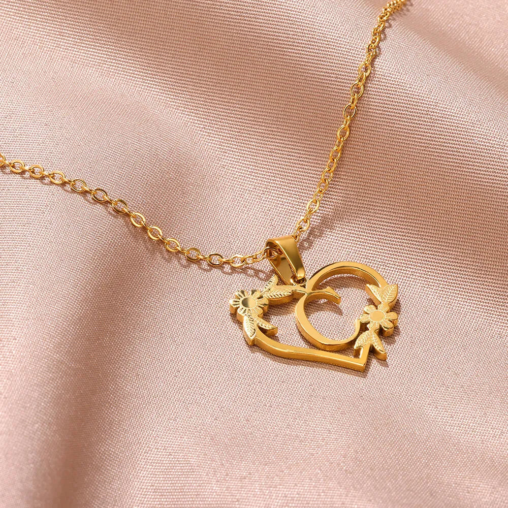 18K Gold Plated Love and Flowers Initial Letter Necklace