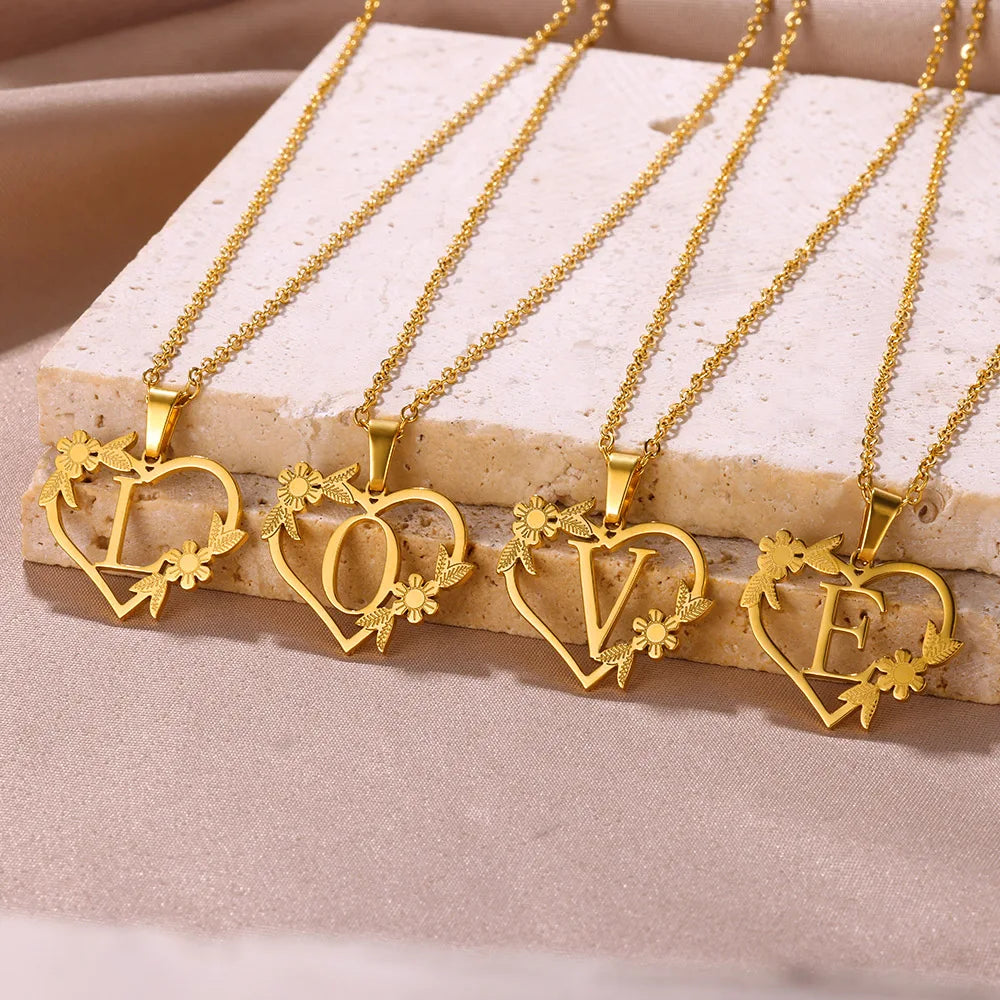 18K Gold Plated Love and Flowers Initial Letter Necklace