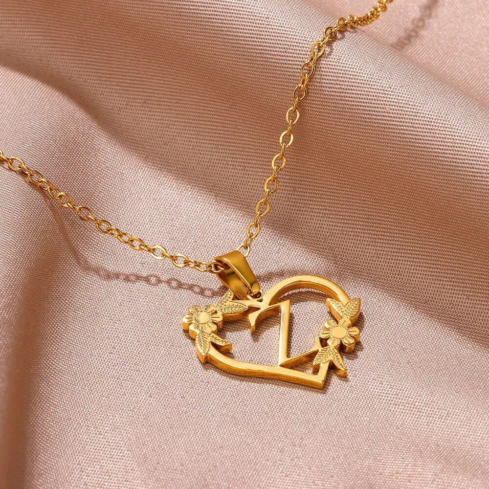 18K Gold Plated Love and Flowers Initial Letter Necklace