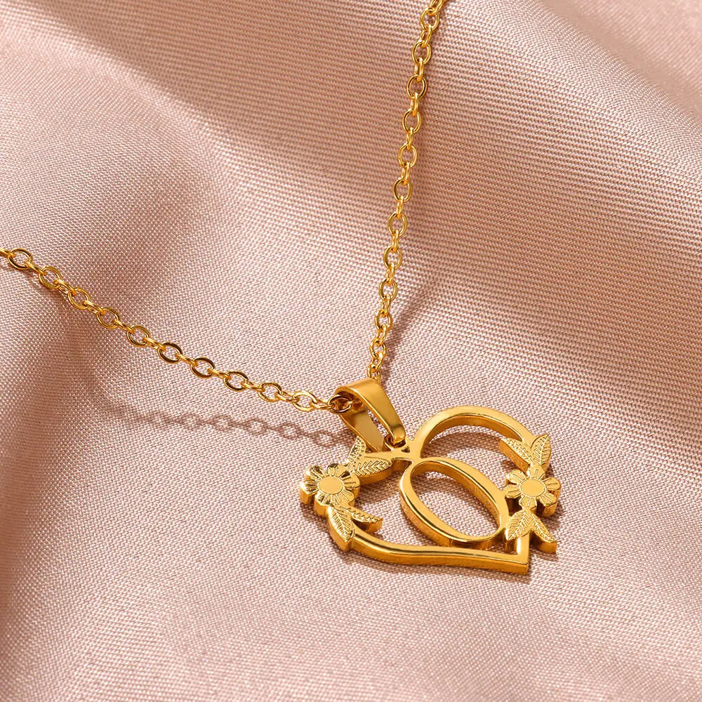 18K Gold Plated Love and Flowers Initial Letter Necklace